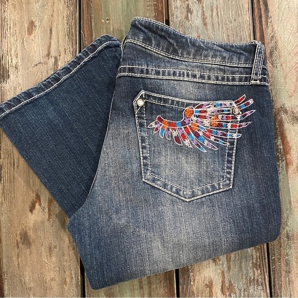 Wrangler 9/10 Rock 47 Ultra Low Rise Jeans Bootcut Womens Colorful Wings Stretch - Picture 1 of 13